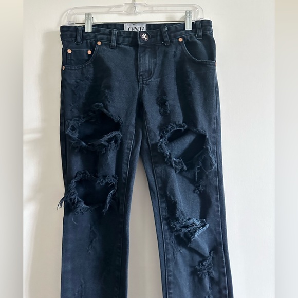 One by One Teaspoon Black Distressed Low Waist Short Rise Rigid Skinny Leg Jean - Picture 2 of 11